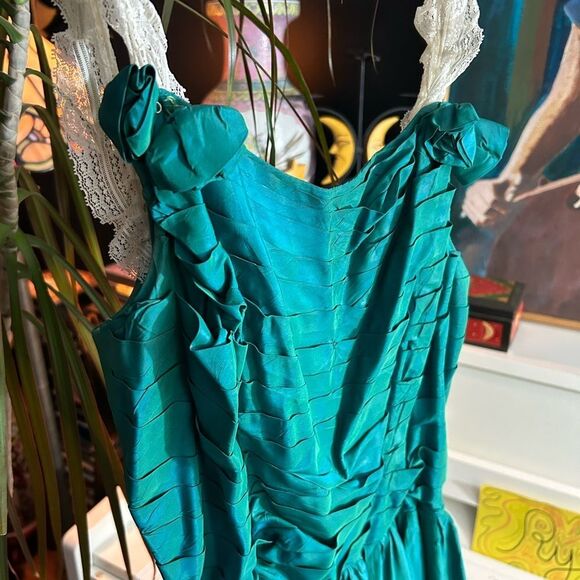 Vintage 50s 60s Stunning Teal iridescent Prom Dress Ball Gown Cocktail XS - Picture 7 of 16